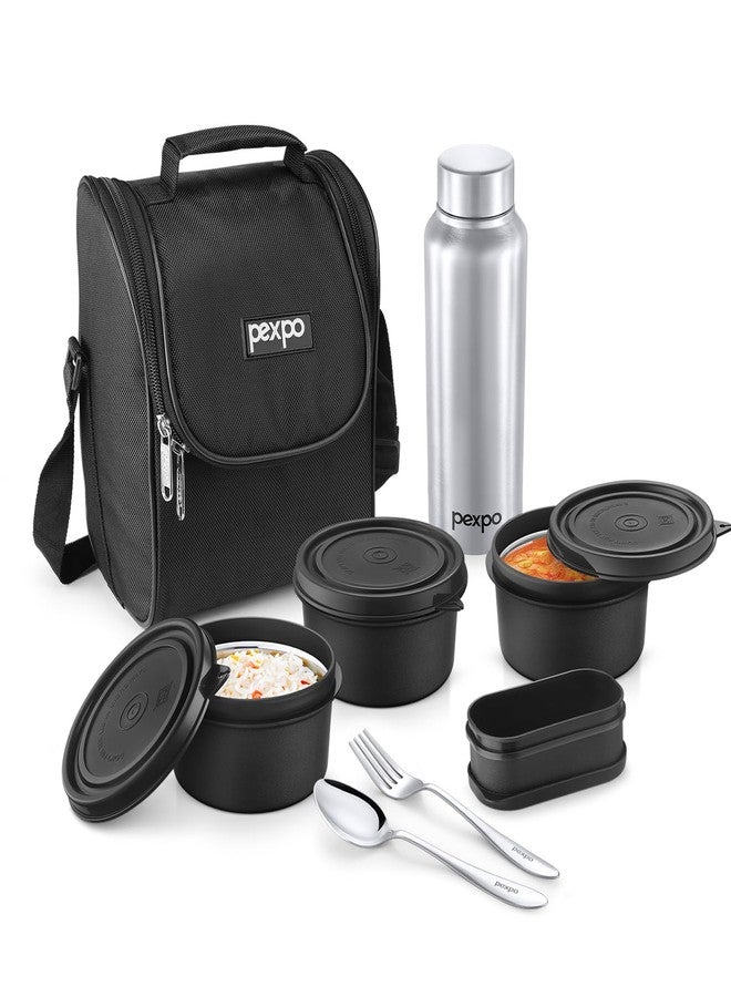 PEXPO Ultra Pro Stainless Steel Lunch Box for Office and School - 3 Containers (350ml Each), Water Bottle(750ml) - Silver, Pickle Box, Cutlery with Bag | Leakproof and BPA-Free | RCB Edition - Black - Image 1